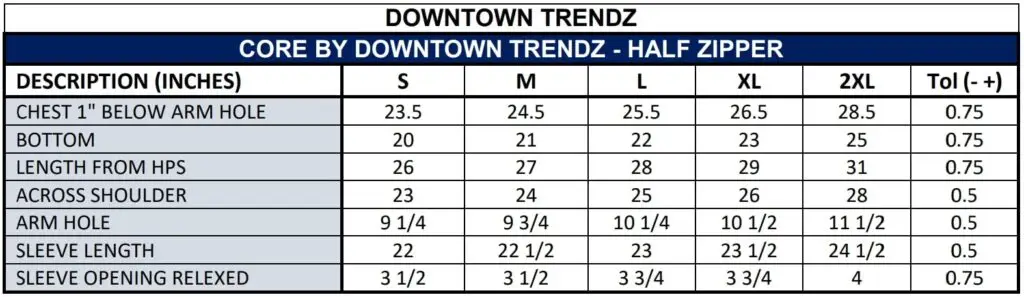 Half Zipper - Size Chart - Core By Downtown Trendz