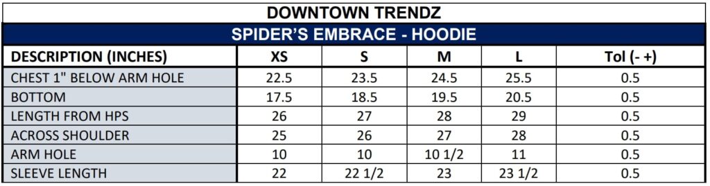 Hoodie - Size Chart - Spider’s Embrace - Downtown Trendz - Red